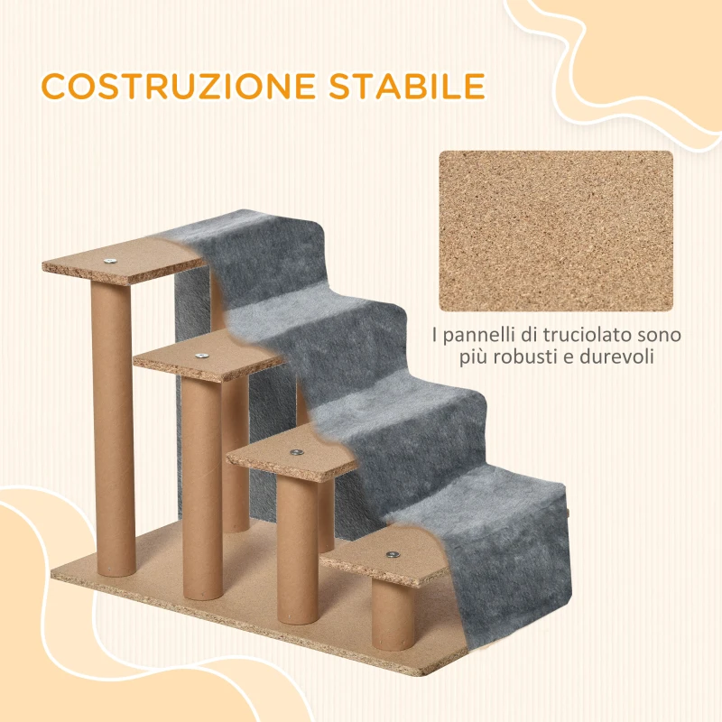 PawHut Scaletta per Cani Portatile a 4 Gradini, in Tessuto Vellutato Sfoderabile e Truciolato, 60x35x44 cm, Grigio