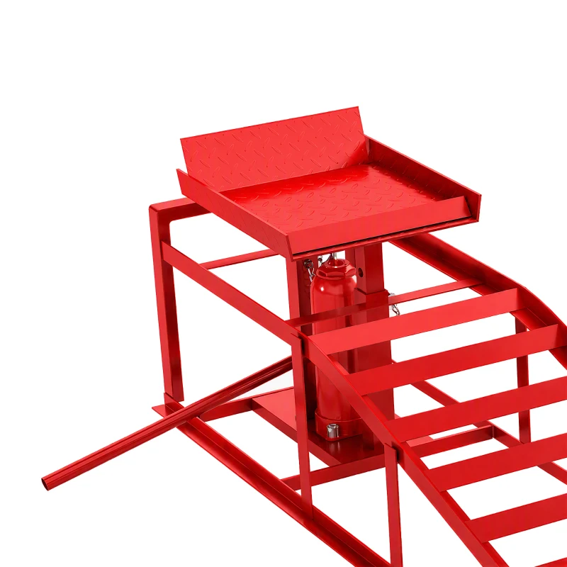 HOMCOM Lot de 2 Rampes d'Accès avec Cric Hydraulique 3T, Hauteur Réglable, Largeur d'Accès 230mm, 114x34,5x27cm, Rouge