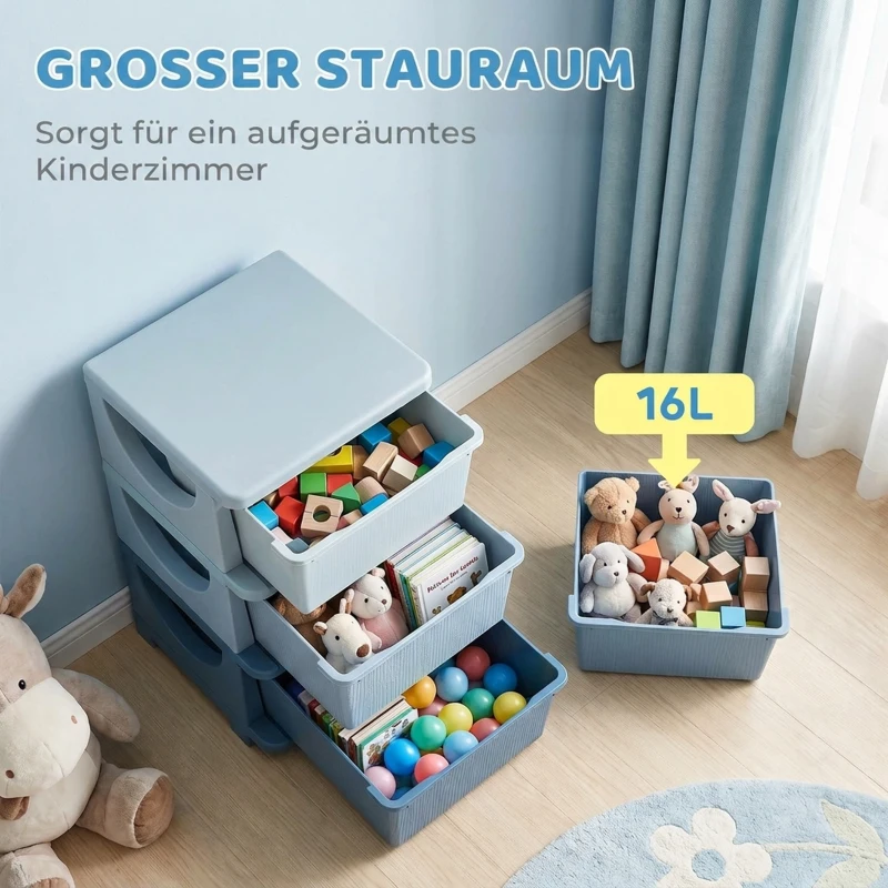 HOMCOM Aufbewahrungsboxen für Kinder, 3 Schubladen, abgerundete Kanten, erhöhtes Design, 37x37x56,5 cm, Blau