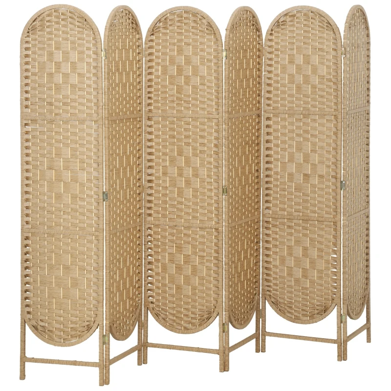 HOMCOM Paravent interieur ovale 6 panneaux 240 x 170 cm séparateur de pièce pliable, léger et tissé, bois naturel