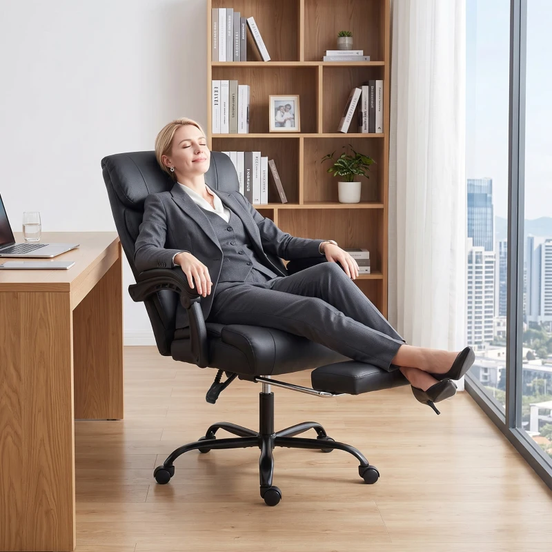 HOMCOM Chaise Bureau Ergonomique Inclinable, Fauteuil de Bureau en PU, Accoudoirs Synchronisés, Hauteur Réglable, Noir