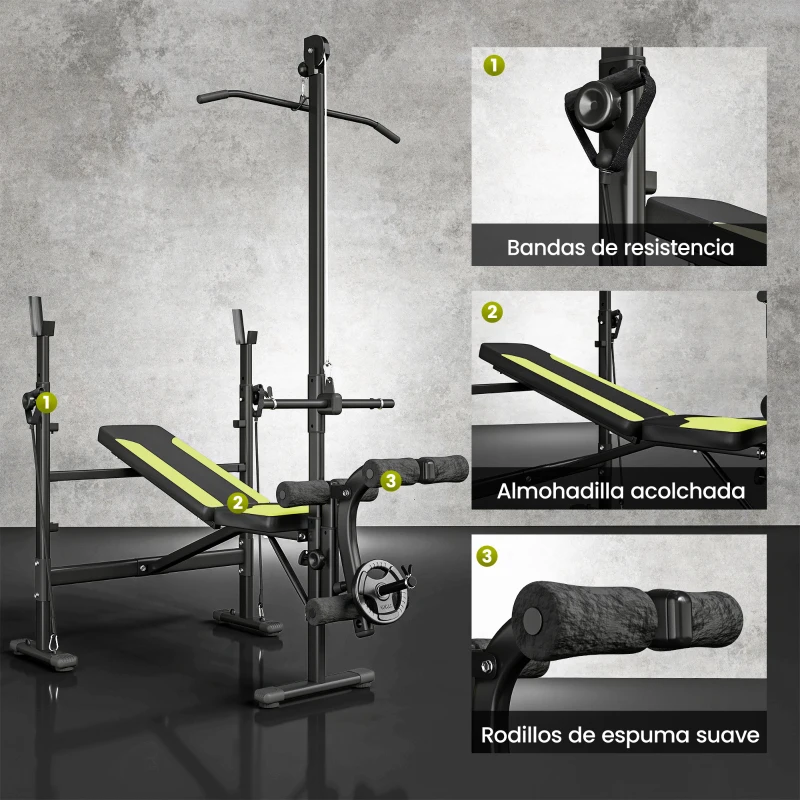 HOMCOM Banco de Pesas Multifuncional con Entrenador de Polea Banco de Musculación Reclinable con Altura Ajustable para Fitness Entrenamiento Completo en Gimnasio y Casa Carga 300 kg Negro