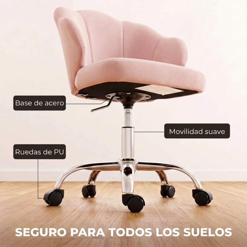 HOMCOM Silla de Oficina Forma de Pétalo con Ruedas de Terciopelo Función Basculante Asiento Ancho Altura Ajustable Rosa