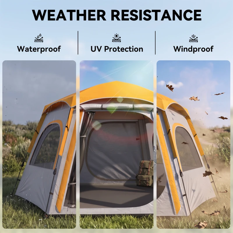 Outsunny Instant Pop Up Camping Tent, 2-3 Person Easy Setup Dome Family Tent with Vestibule, Rainfly, 4 Mesh Windows & 2 Doors, Hexagonal Design, 3000 mm Water Resistant & UV Protected, Light Grey