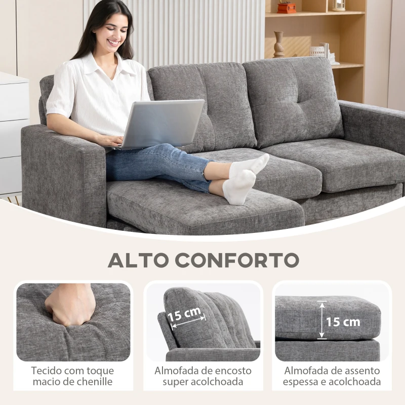 HOMCOM Sofá Chaise Longue Sofá em Forma de L Estofado em Poliéster Sofá de Canto Reversível 186x130x84 cm Cinzento Escuro