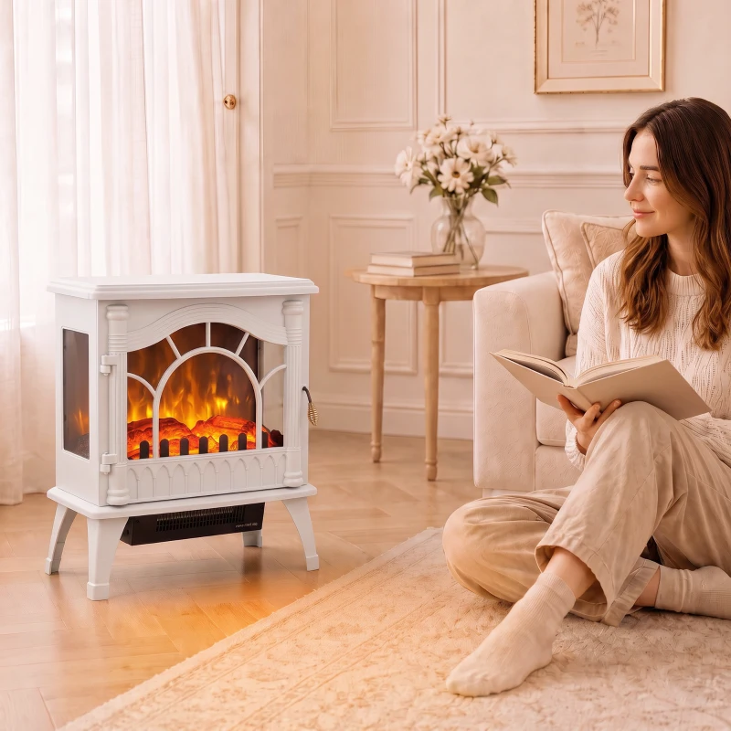HOMCOM Chimenea Eléctrica 1000W/2000W con Temperatura Ajustable Protección contra Sobrecalentamiento 55x31x58 cm Blanco