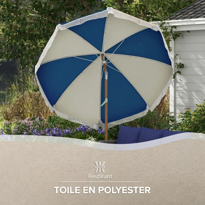 Outsunny Parasol inclinable rond Ø 225 cm avec franges polyester haute densité anti-UV mât démontable, vintage bleu et beige