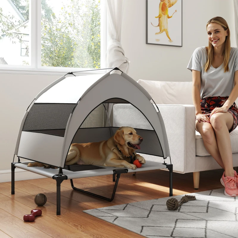 PawHut Portable Elevated Dog Bed with Removable Canopy, Cooling Raised Pet Cot for Medium Large Dogs, 92 x 75 x 85 cm