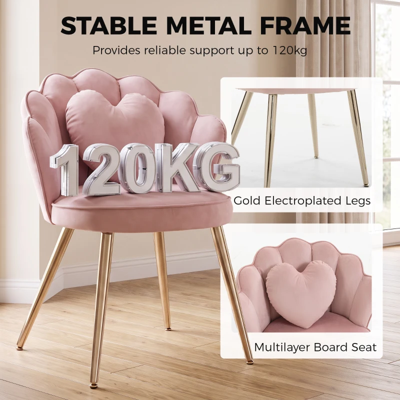 HOMCOM Accent Chair Velvet Upholstered Armchair Lotus Back Heart Pillow Lumbar Pillow Metal Legs Soft Pink