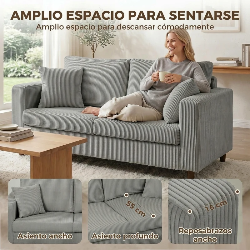 HOMCOM Sofá de 2 Plazas Tapizado en Pana con Asiento Ancho y Profundo y Patas de Madera 170x80x82 cm Gris Claro
