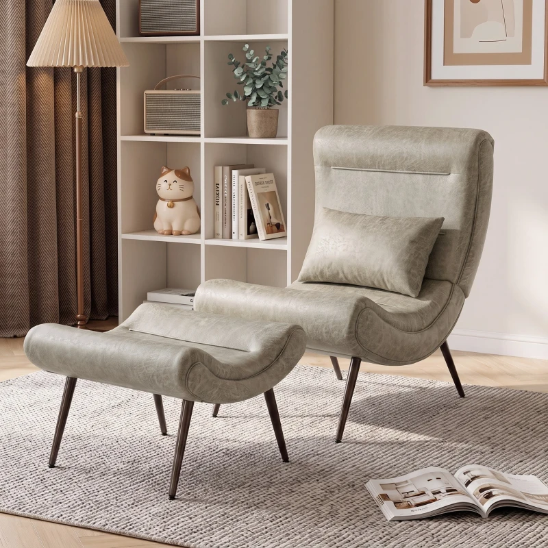 HOMCOM Sillón con Reposapiés Asiento Ancho Cojín Lumbar y Respaldo Curvo Tapizado en Leathaire Patas de Acero Blanco Crema