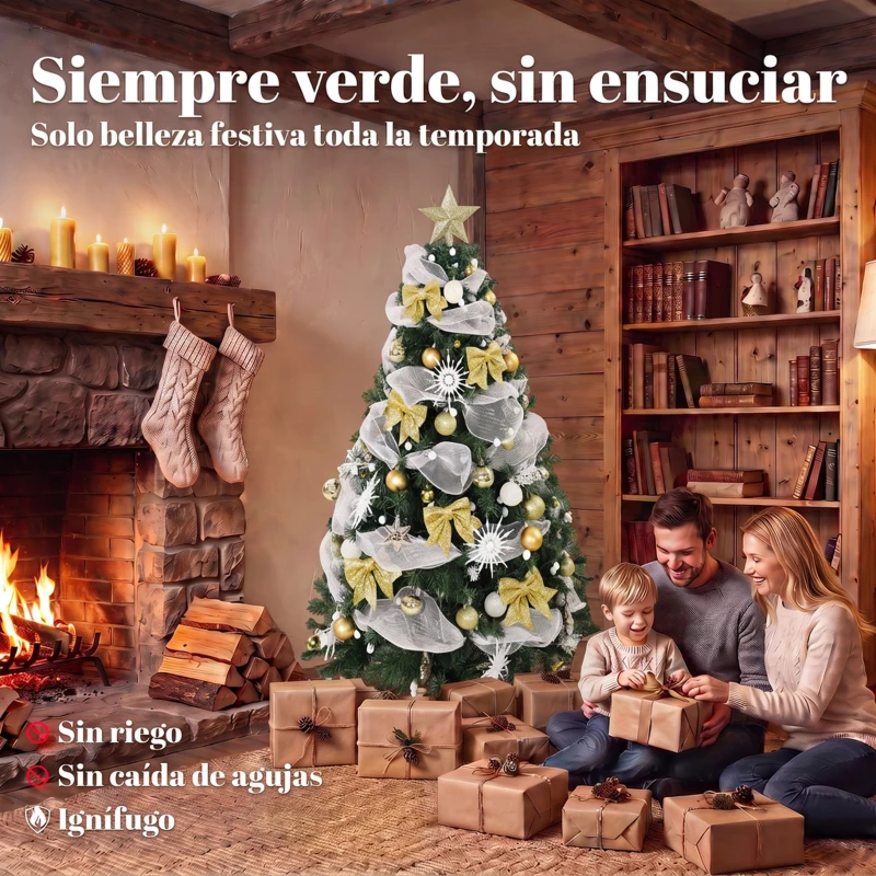 HOMCOM Árbol de Navidad 180 cm con 200 LED 800 Ramas 8 Modos Bolas Cintas y Lazos Mando a Distancia y Base Plegable Verde