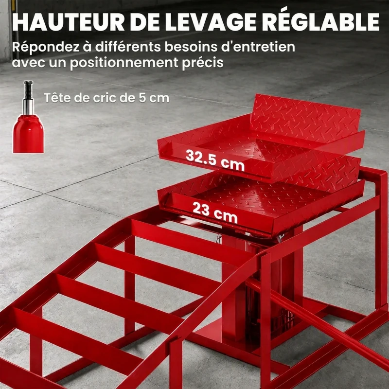 HOMCOM Lot de 2 Rampes d'Accès avec Cric Hydraulique 3T, Hauteur Réglable, Largeur d'Accès 230mm, 114x34,5x27cm, Rouge