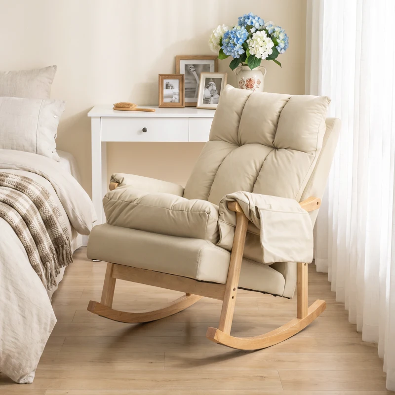HOMCOM Fauteuil à bascule en tissu technique rembourré, Assise profonde, Poches latérales, Pieds en bois d'hévéa, Beige