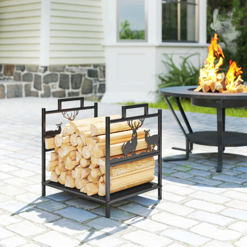 Outsunny Suporte para Lenha em Metal com Pegas 42,5x33,5x43 cm para Lareira Jardim e Terraço Preto