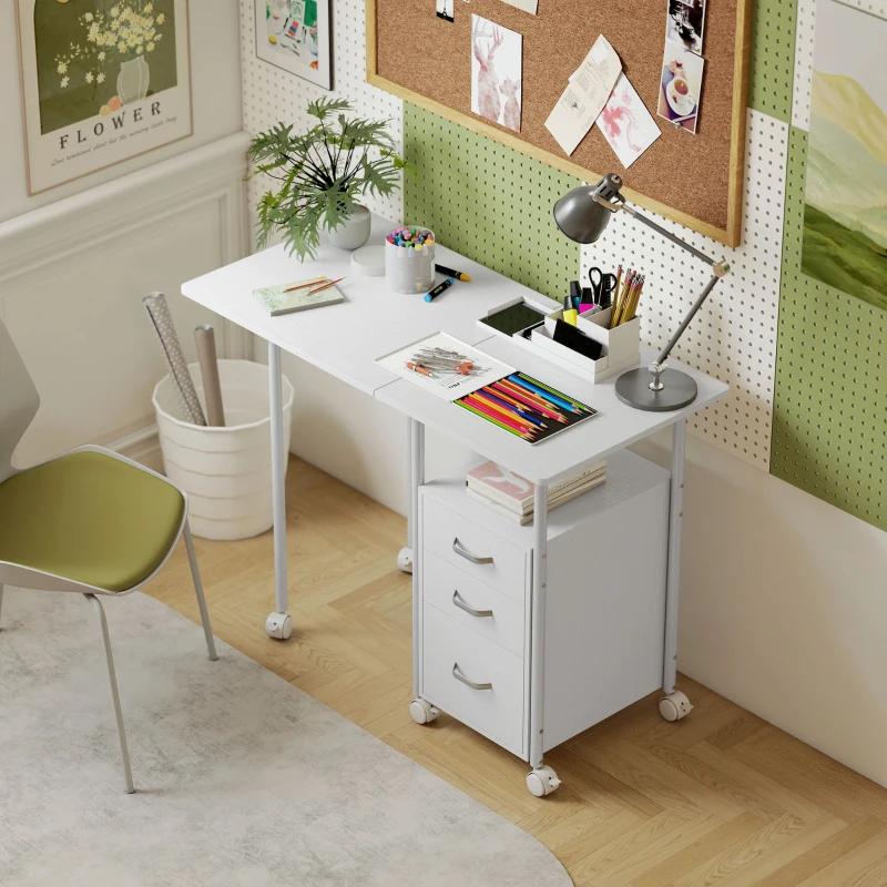 HOMCOM 105 x 51 cm Foldable Office Deskwith 3 Drawers, Extendable Top, Wheels, White