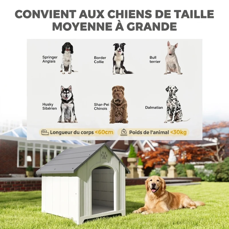 PawHut Niche pour chien extérieur, maison chien en polypropylène imperméable, ventilé, plancher surélevé, gris clair