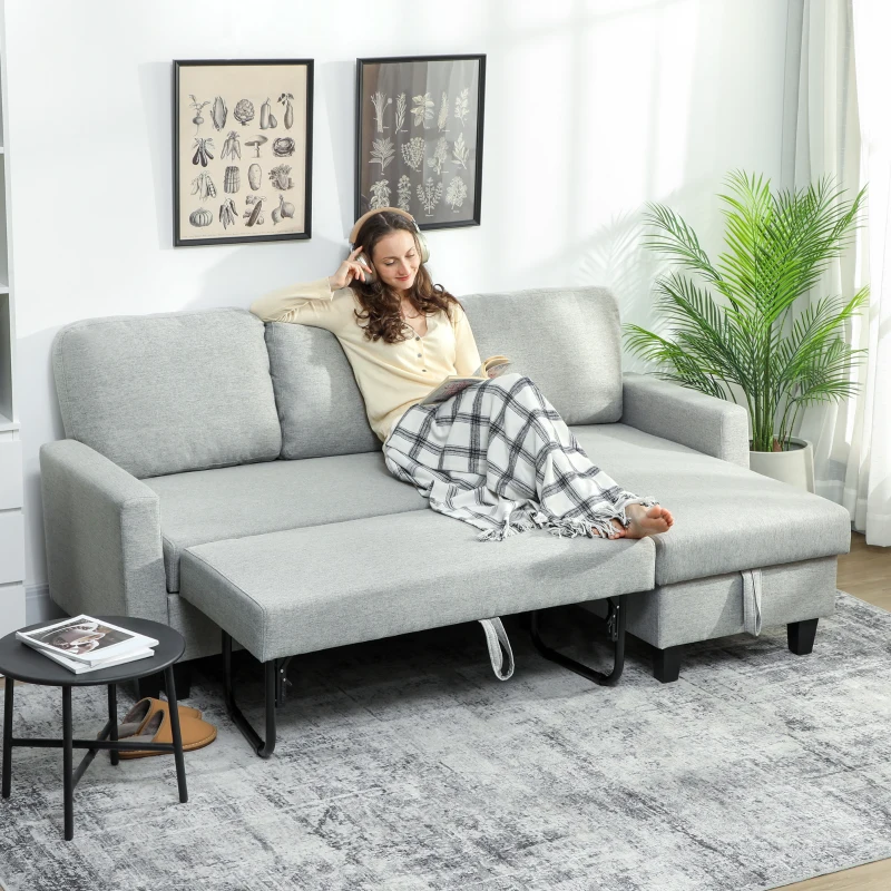 HOMCOM Sofá-Cama Chaise Longue de 3 Lugares Chaise Longue Reversível Ambos Lados com Armazenamento com Capas Removíveis 197x129x85 cm Cinza