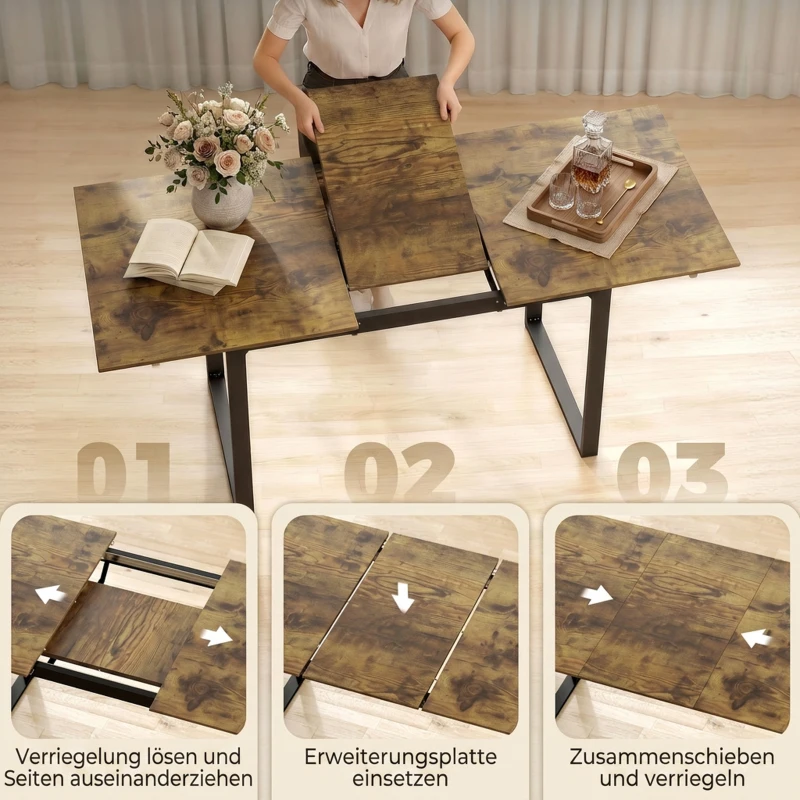 HOMCOM Uitschuifbare eettafel 140-180 cm voor 6-8 personen, rechthoekig in industrieel design met stalen frame, tijgerhoutlook