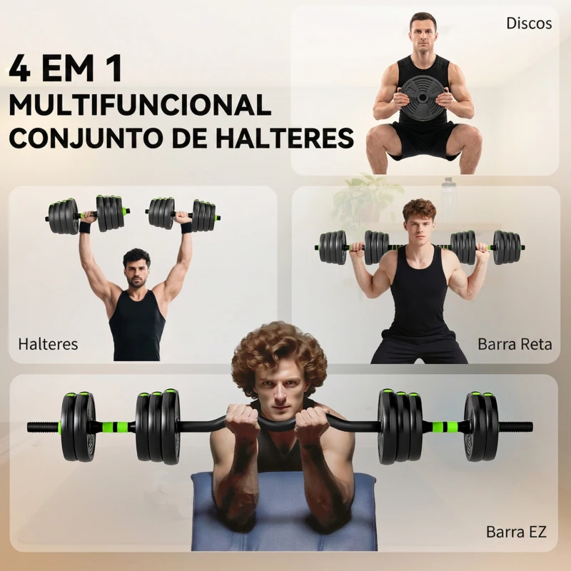 SPORTNOW Conjunto de Halteres Ajustáveis 3 em 1 30 kg Conjunto de Pesos com Barras de Conexão e Pegas Antiderrapantes Verde