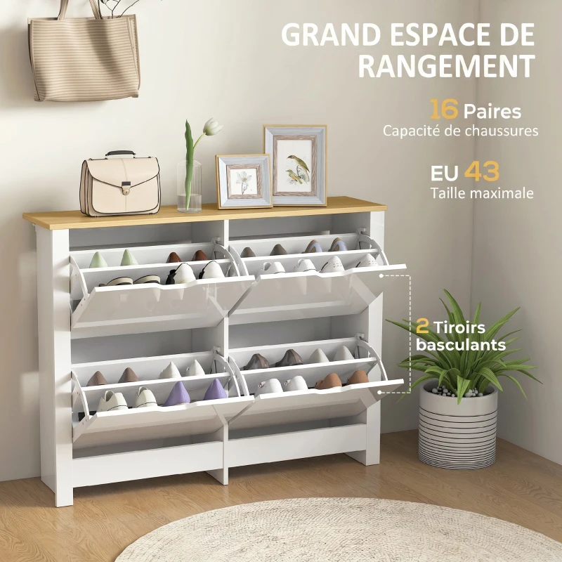 HOMCOM Scarpiera Moderna per 16 Paia Max con 4 Cassetti Regolabili e Rimovibili, in Legno, 105x26x80 cm, Bianco