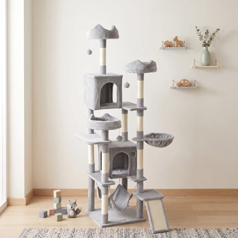 PawHut Árvore Arranhadora para Gatos 192 cm com 3 Camas, 2 Casinhas e 2 Redes, Cinzento-claro