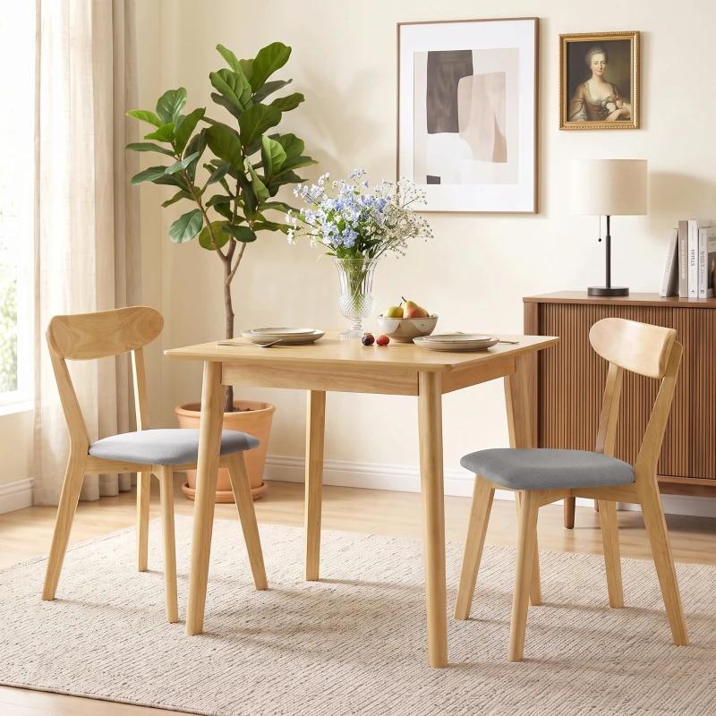 HOMCOM Set de 2 scaune de dining, scaune pentru bucătărie, șezut tapițat aspect in, spătar curbat, gri și lemn natural