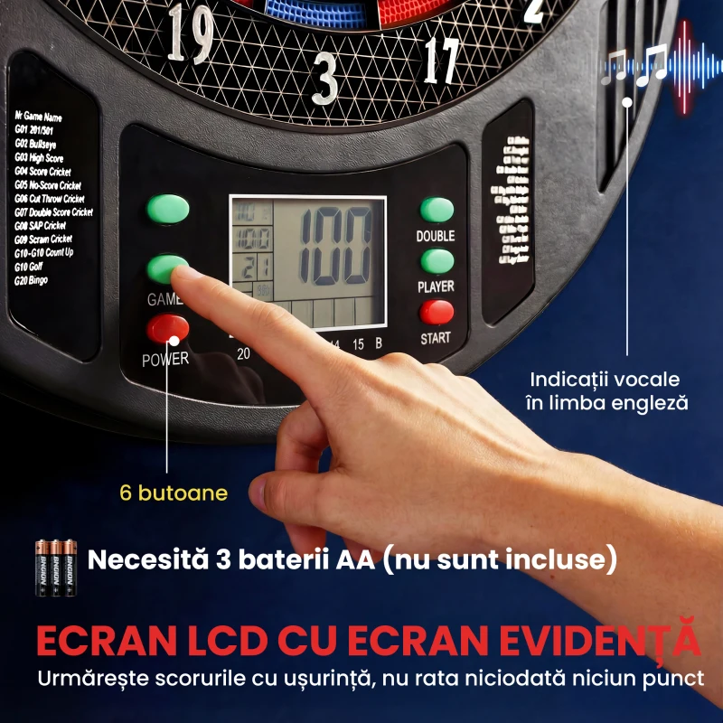 SPORTNOW Țintă Electronică pentru Darts, 6 Săgeți și Display LCD, pentru 8 Jucători, 18 Jocuri și 159 de Variante