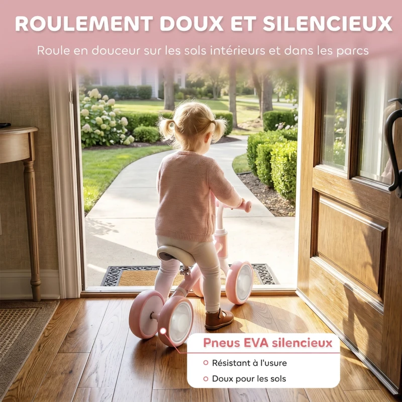 AIYAPLAY Draisienne Bébé 1-2 Ans, 4 Roues Lumineuses, Siège Réglable, Direction Limitée, Pneus EVA Silencieux, 52x22x37cm, Rose