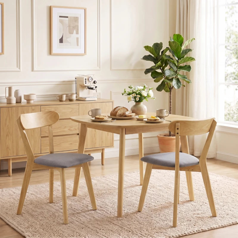 HOMCOM Set de 2 scaune de dining, scaune pentru bucătărie, șezut tapițat aspect in, spătar curbat, gri și lemn natural