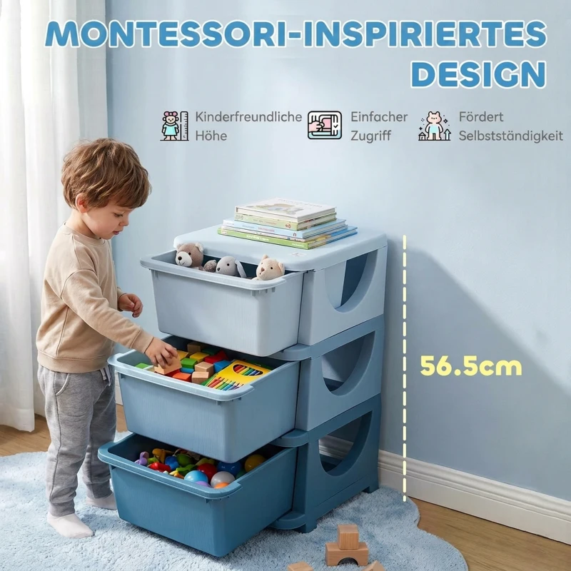 HOMCOM Aufbewahrungsboxen für Kinder, 3 Schubladen, abgerundete Kanten, erhöhtes Design, 37x37x56,5 cm, Blau