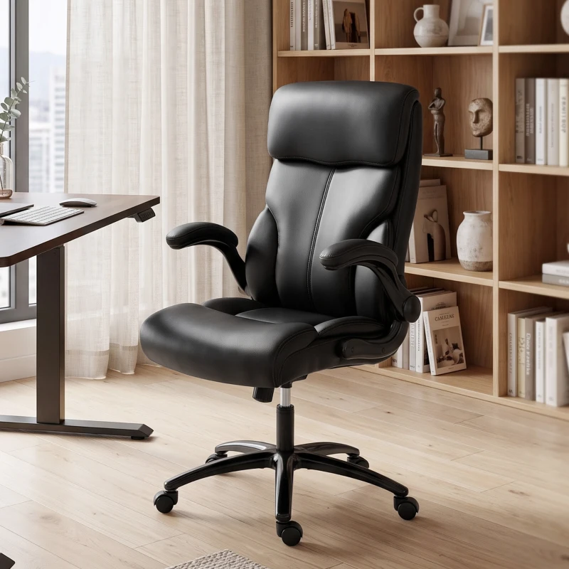 HOMCOM Chaise Bureau Ergonomique avec Accoudoirs Relevables, Fauteuil de Bureau en PU, Hauteur Réglable, Fonction Bascule, Noir