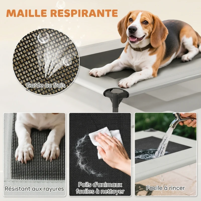 PawHut Lit pour Chien Surélevé Tente pour Chien avec Auvent Tente 3 Côtés Respirant Textilène Sac 76x61x70cm Gris Clair