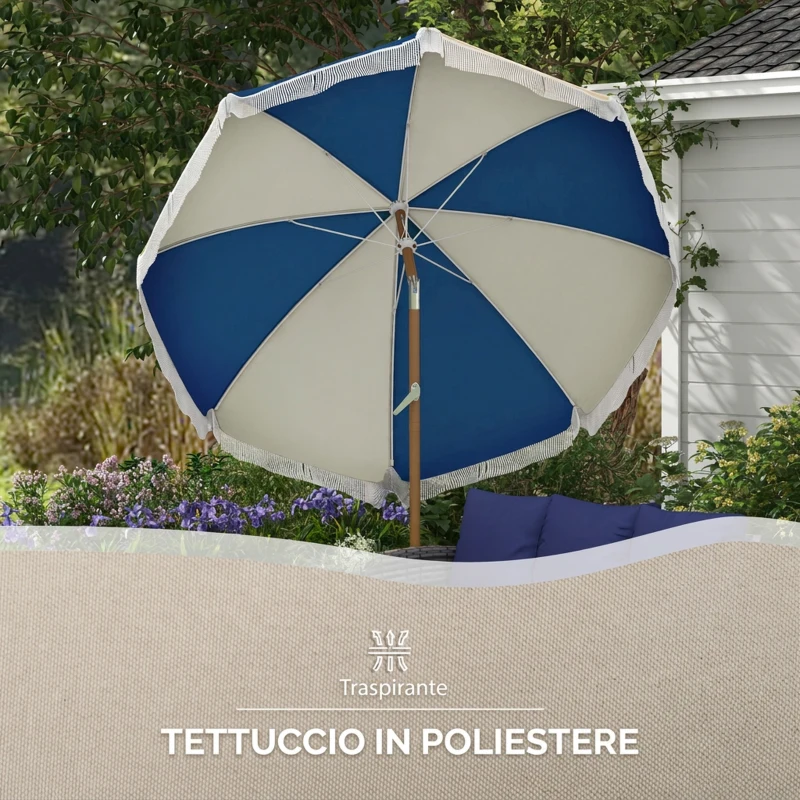 Outsunny Ombrellone Rotondo e Inclinabile a 8 Stecche con Manovella, in Poliestere e Acciaio, Ø213x234 cm, Blu e Beige