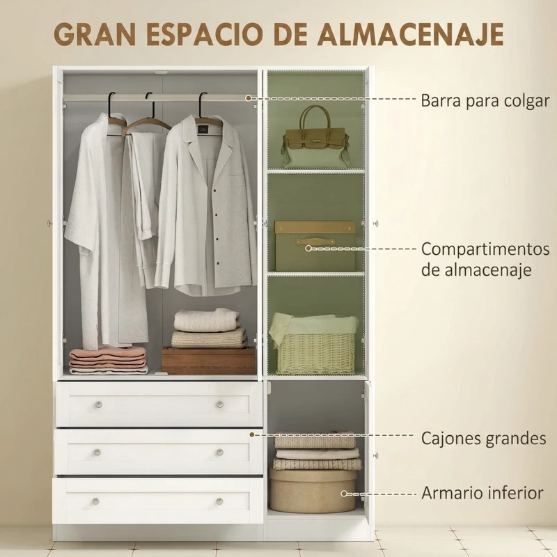 HOMCOM Armario Ropero de 4 Puertas con Barra 3 Cajones y Estante Ajustable 120x50x176,5 cm Blanco