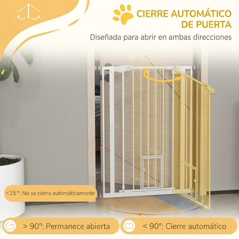 PawHut Barrera de Seguridad Ajustable con Puerta Pequeña Cierre Automático y Sistema de Doble Bloqueo 74-80x104,1 cm Blanco
