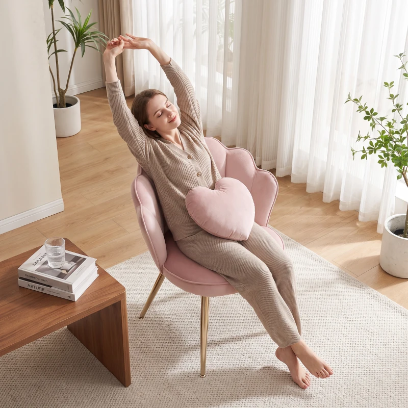 HOMCOM Accent Chair Velvet Upholstered Armchair Lotus Back Heart Pillow Lumbar Pillow Metal Legs Soft Pink