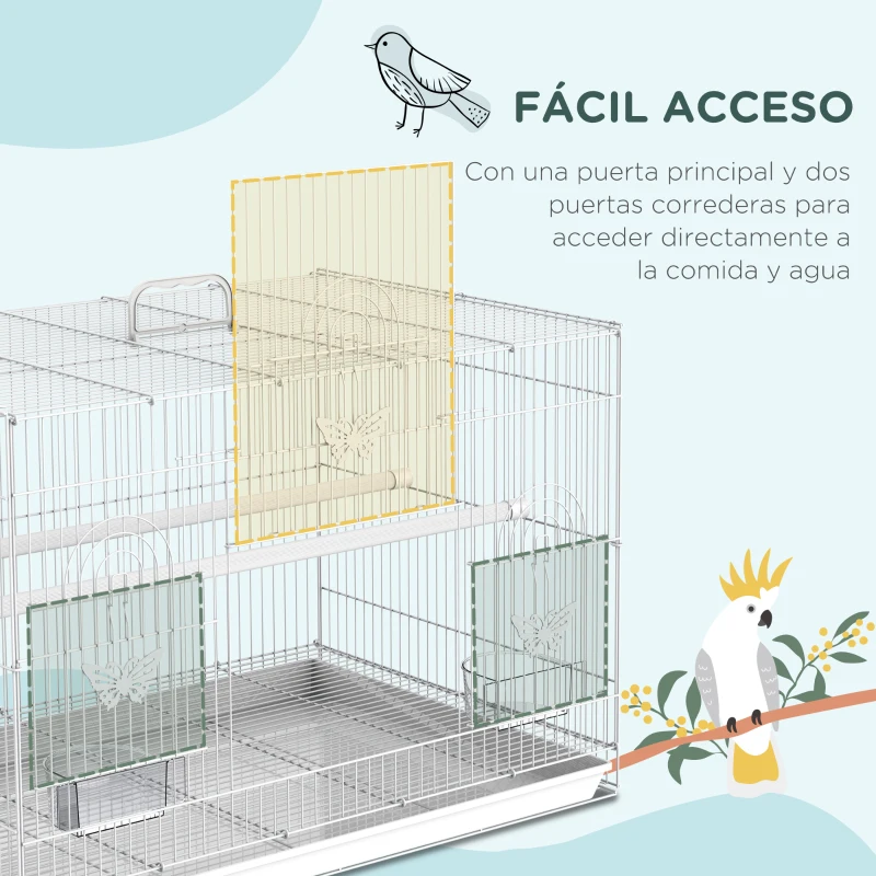 PawHut Jaula para Pájaros 60x41x41 cm Pajarera de Metal con Comederos 2 Perchas 3 Puertas y Asa de Transporte para Pájaros Pequeños Canarios Periquitos Blanco