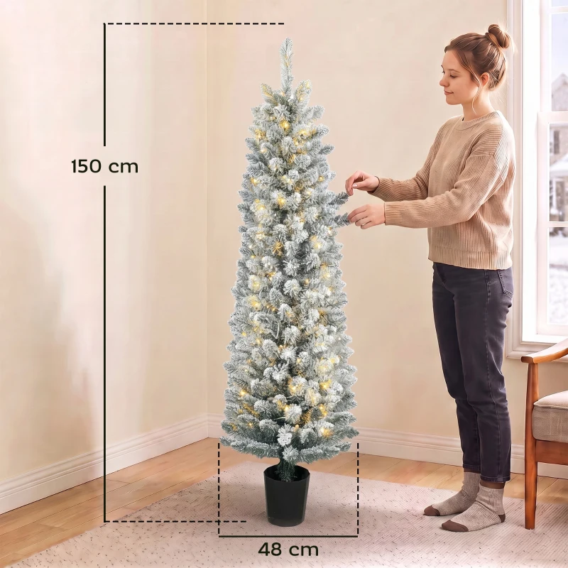 HOMCOM Árbol de Navidad Nevado con 150 Luces LED 150 cm 8 Modos 250 Ramas Verde y Blanco
