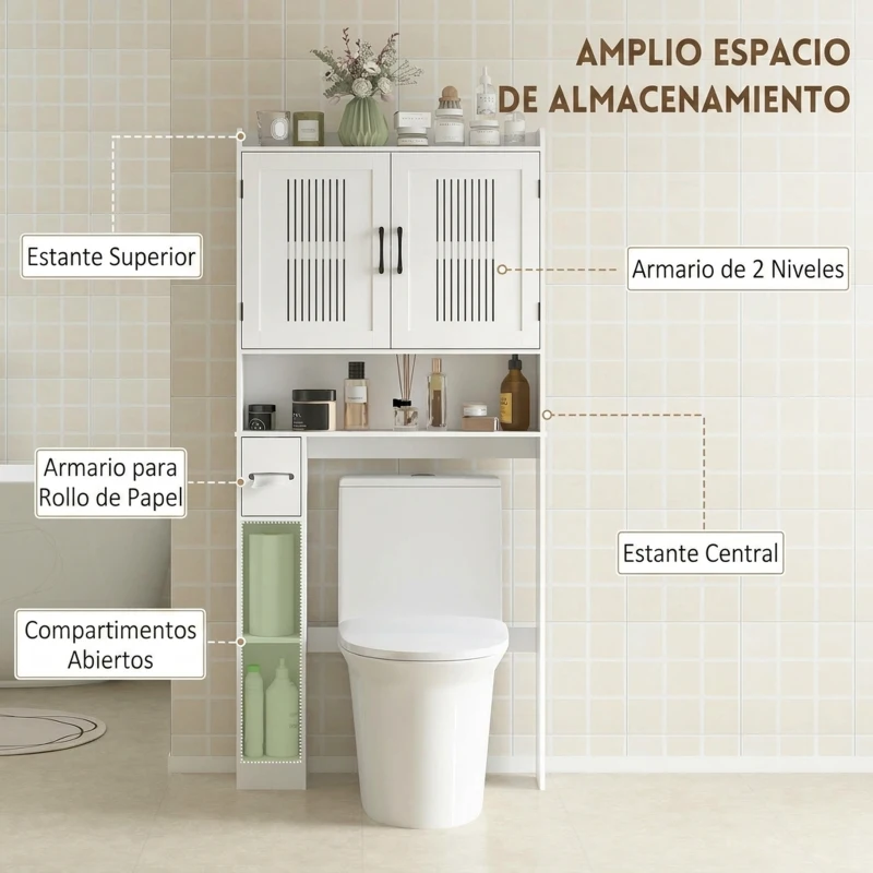HOMCOM Estantería sobre Inodoro con Estante Ajustable 2 Puertas Soporte para Papel Higiénico y Estantes Abiertos para Baño Blanco