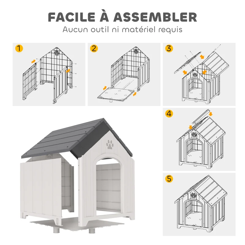 PawHut Niche pour chien extérieur, maison chien en polypropylène imperméable, ventilé, plancher surélevé, gris clair
