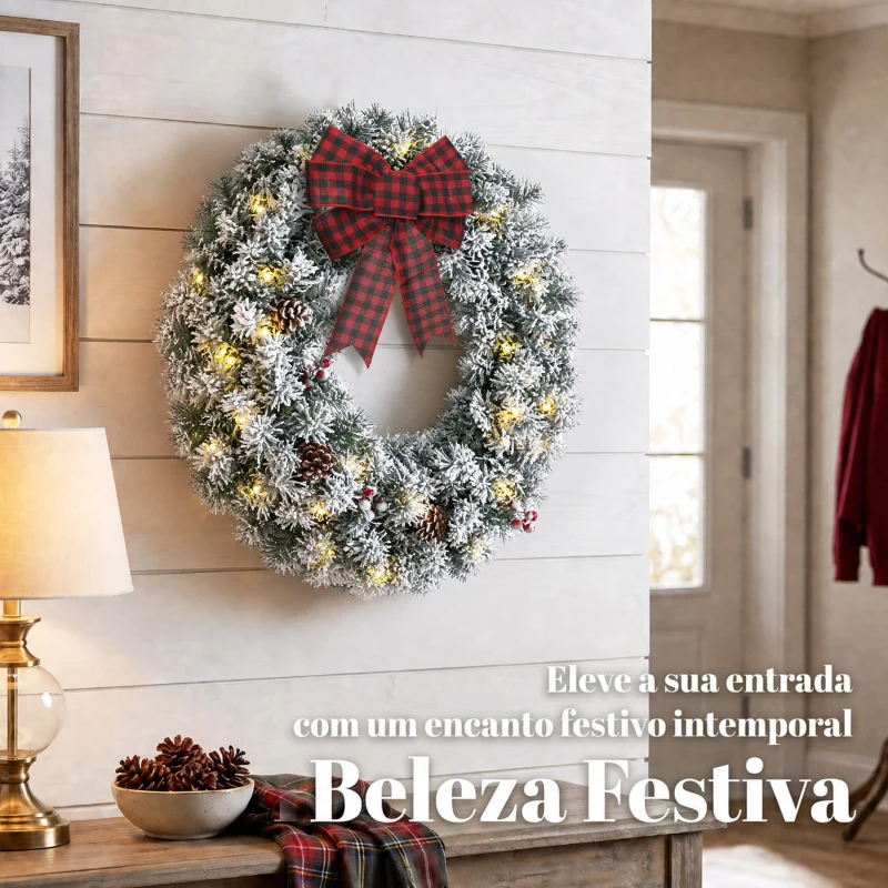 HOMCOM Coroa de Natal para Porta com Efeito Nevado 50 Luzes LED Pinhas Bagas e Laço Festivo para Lareira Parede ou Janela