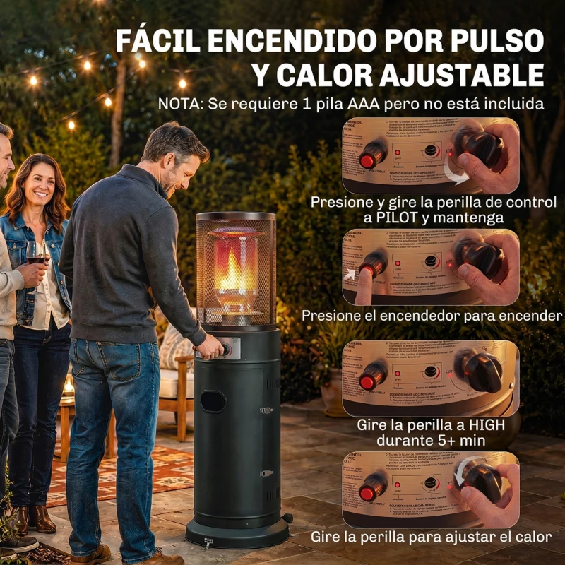 Outsunny Estufa de Gas para Terraza 11 kW con Regulación Continua Rejilla Protectora Antivuelco y 2 Ruedas Negro