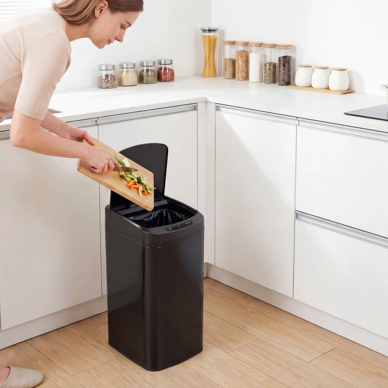 HOMCOM Poubelle de Cuisine Automatique 12 L en Acier Inoxydable, Poubelle à Capteur avec Couvercle, 28 x 22 x 41 cm, Noir