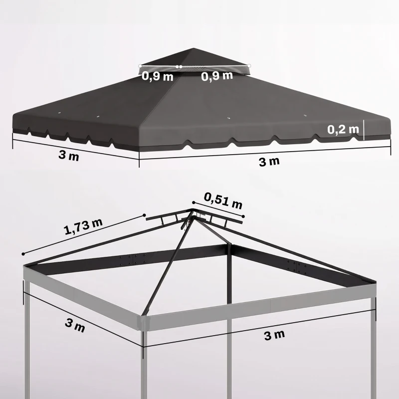 Outsunny Toldo de Substituição 3x3 m com Teto Duplo Orifícios de Drenagem e UPF 30+ Apenas Toldo NÃO Inclui Estrutura Cinzento Claro
