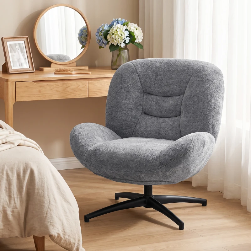HOMCOM Fotoliu living rotativ, fotoliu lounge cu șezut lat, cotieră integrată, aspect chenille, Gri închis