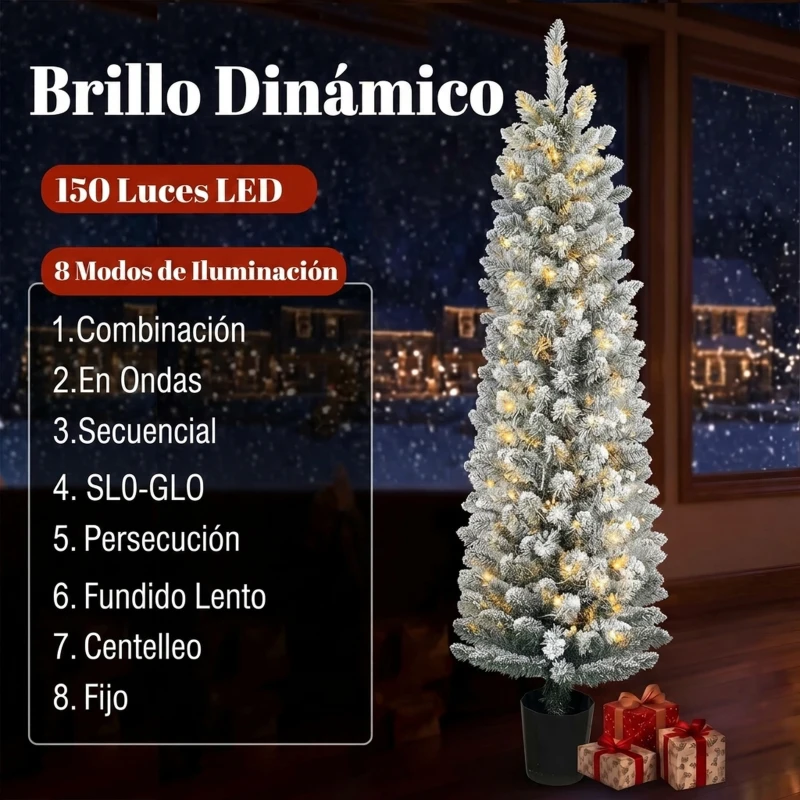 HOMCOM Árbol de Navidad Nevado con 150 Luces LED 150 cm 8 Modos 250 Ramas Verde y Blanco
