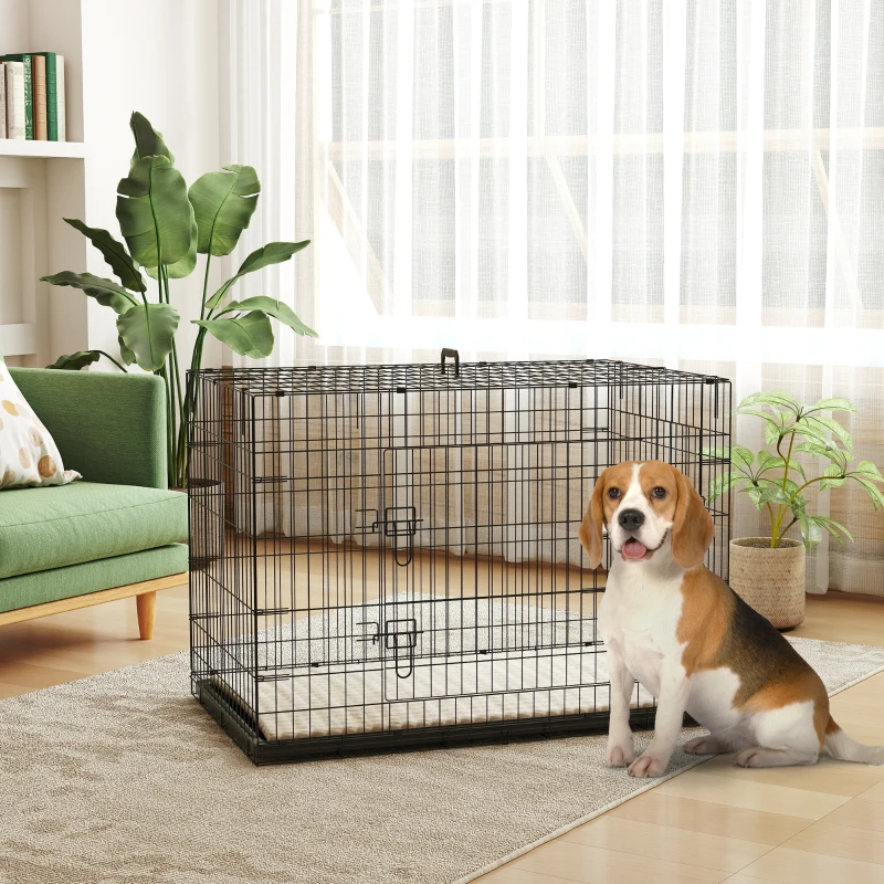 PawHut Hundekäfig klappbar Hundebox mit 2 Türen, Transportkäfig mit ausziehbare Bodenschale Kissen 106 x 71,5 x 76 cm Schwarz