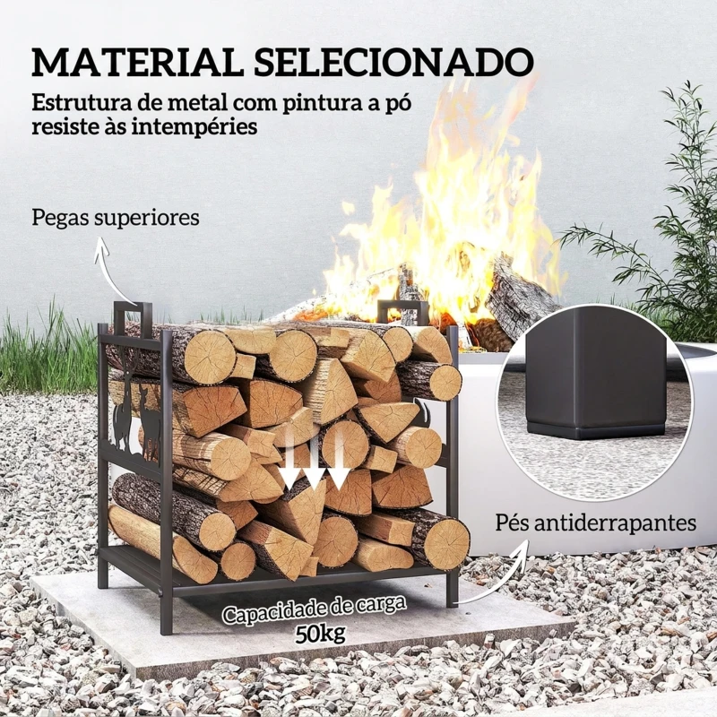 Outsunny Suporte para Lenha em Metal com Pegas 42,5x33,5x43 cm para Lareira Jardim e Terraço Preto