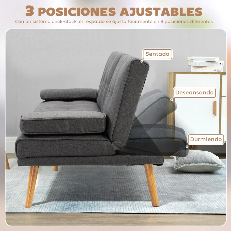 HOMCOM Sofá Cama 3 Plazas Plegable con Respaldo Ajustable de 3 Niveles Reposabrazos Desmontable 181x77x78 cm Gris Oscuro